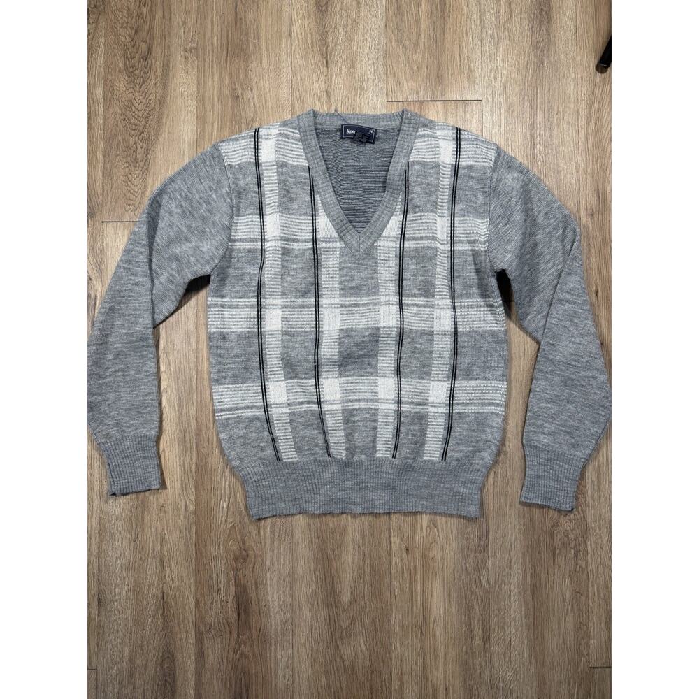 Mens Vintage Size Small 70s Grey Plaid Deep V Pullover KingSport Sweater